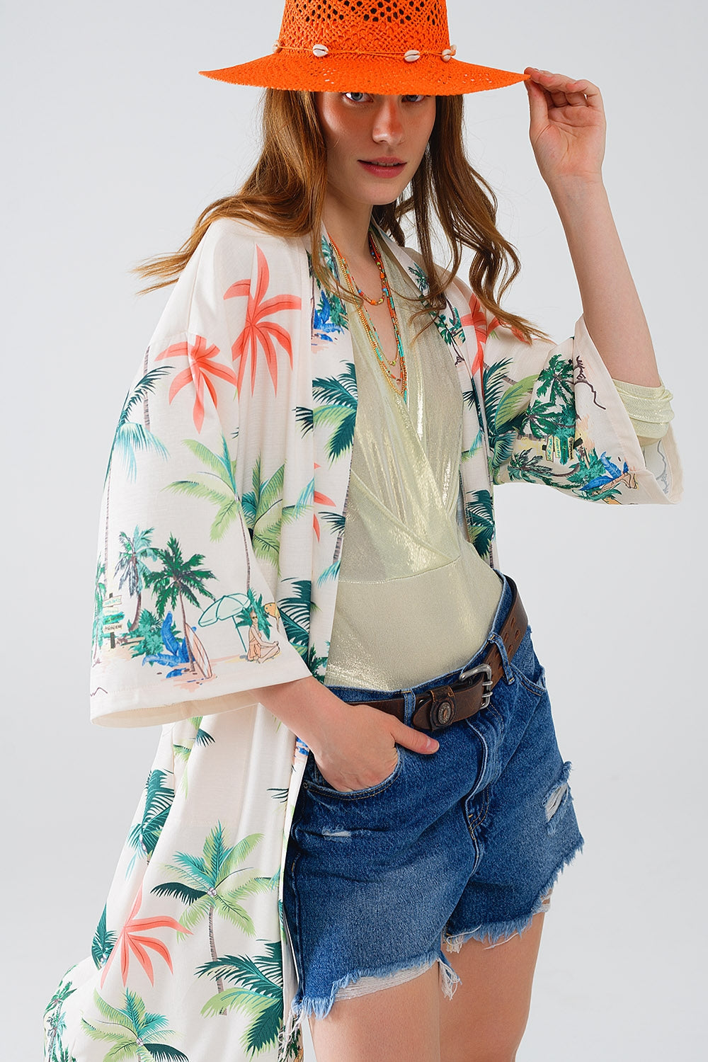 Beach Print Midi Kimono – Cream