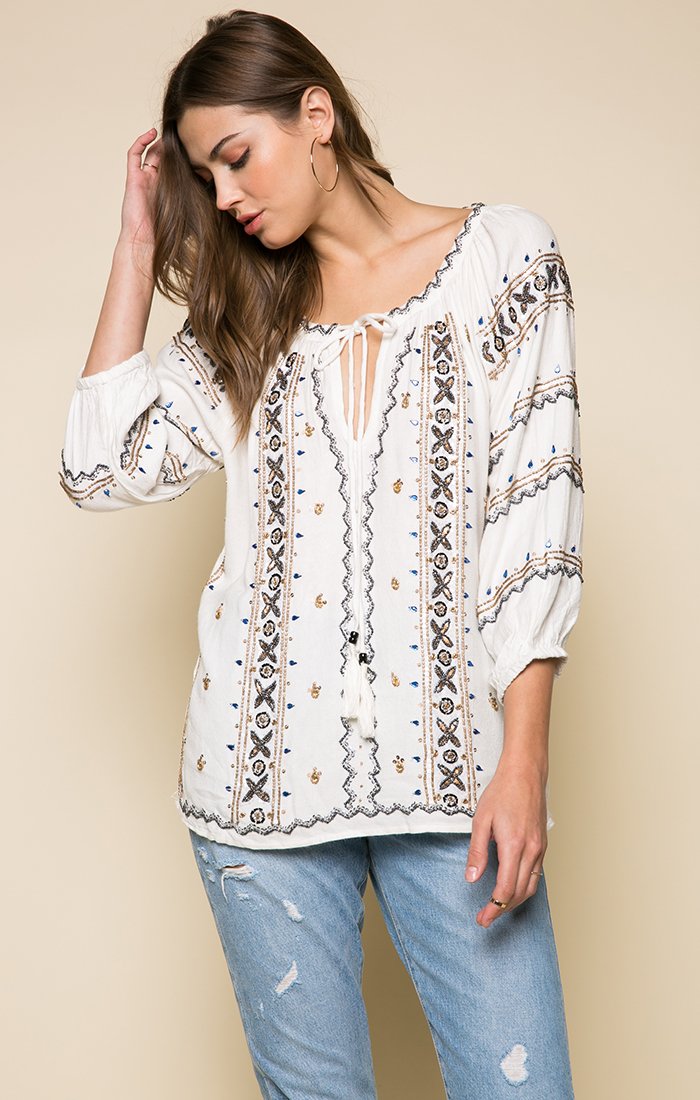 Bohemian Beaded Embroidered Peasant Blouse