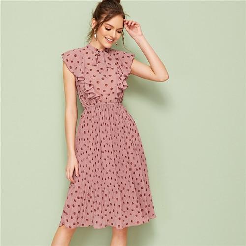 Pink Polka Dot Pleated Midi Dress