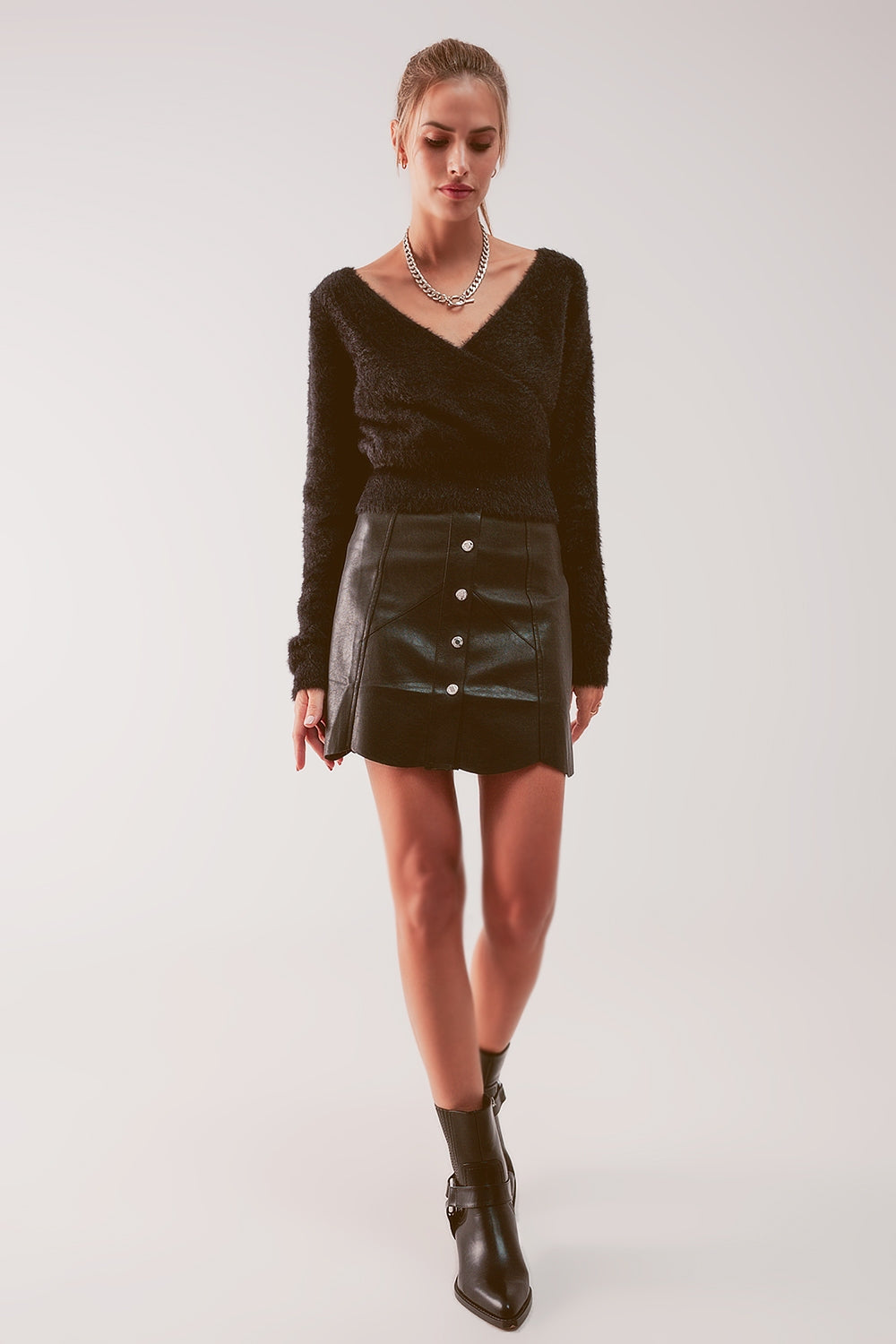 Black Faux Leather Button-Through Mini Skirt