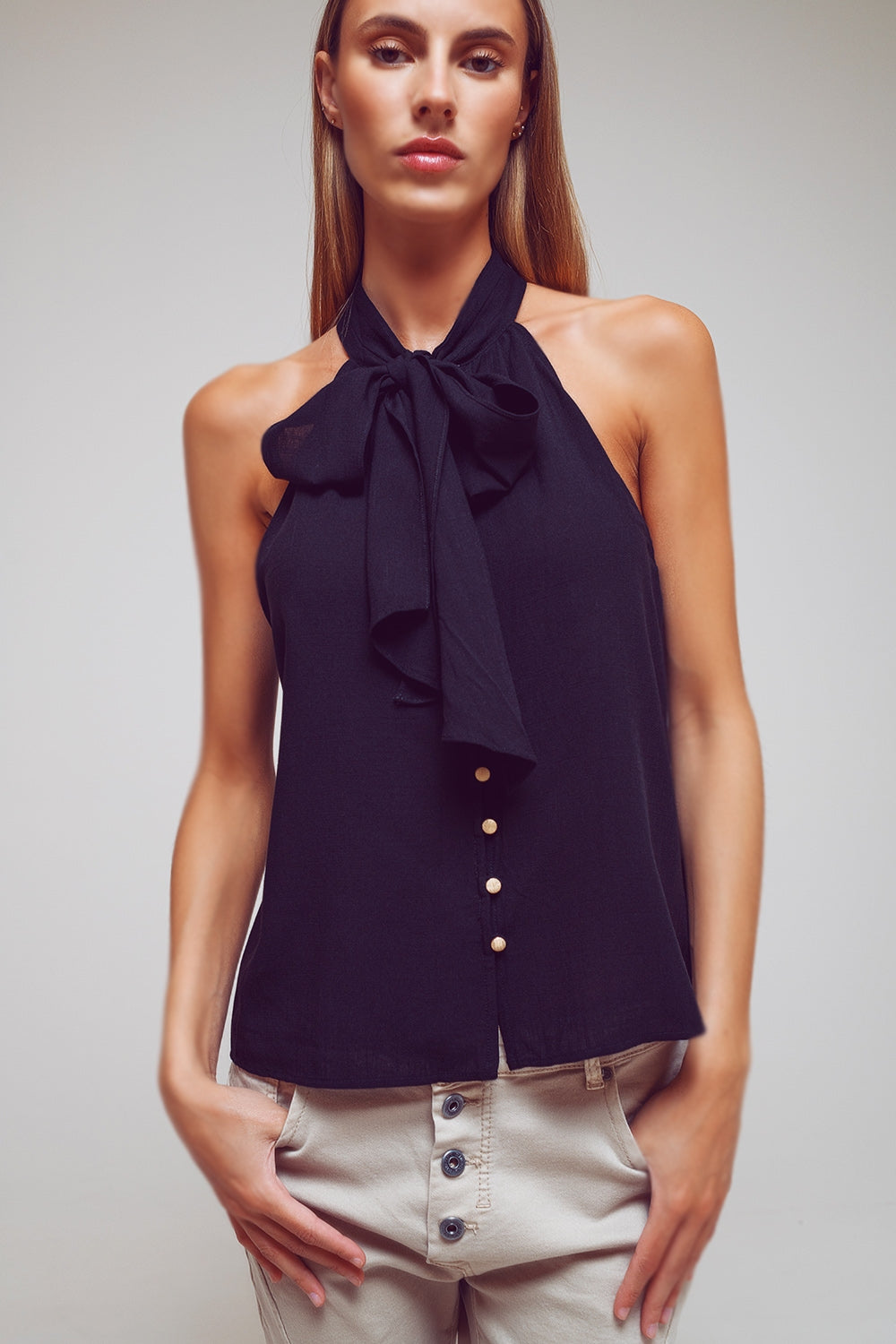 Tie Neck Halter Top – Black