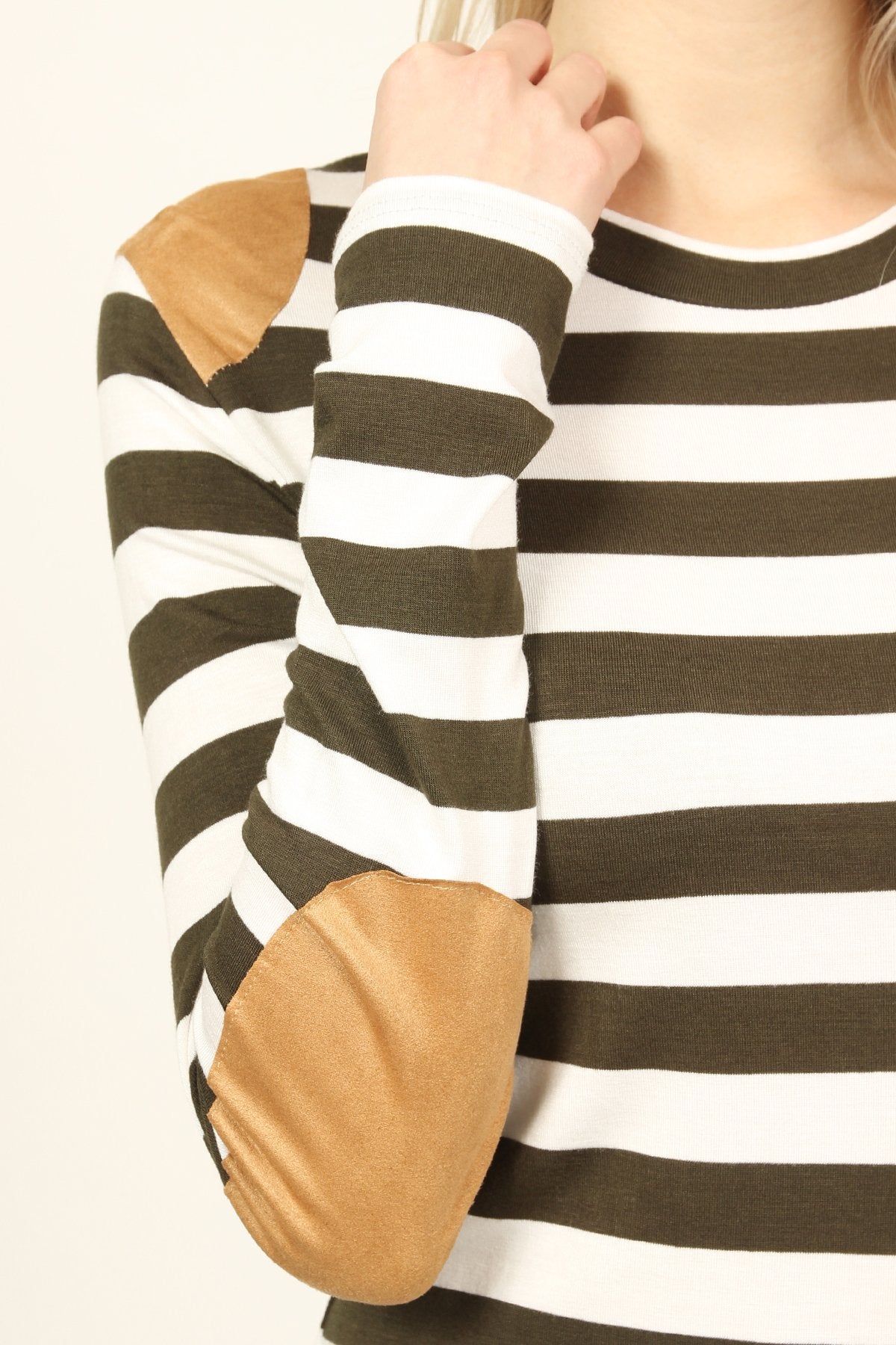 Striped Suede Patch Long Sleeve Top