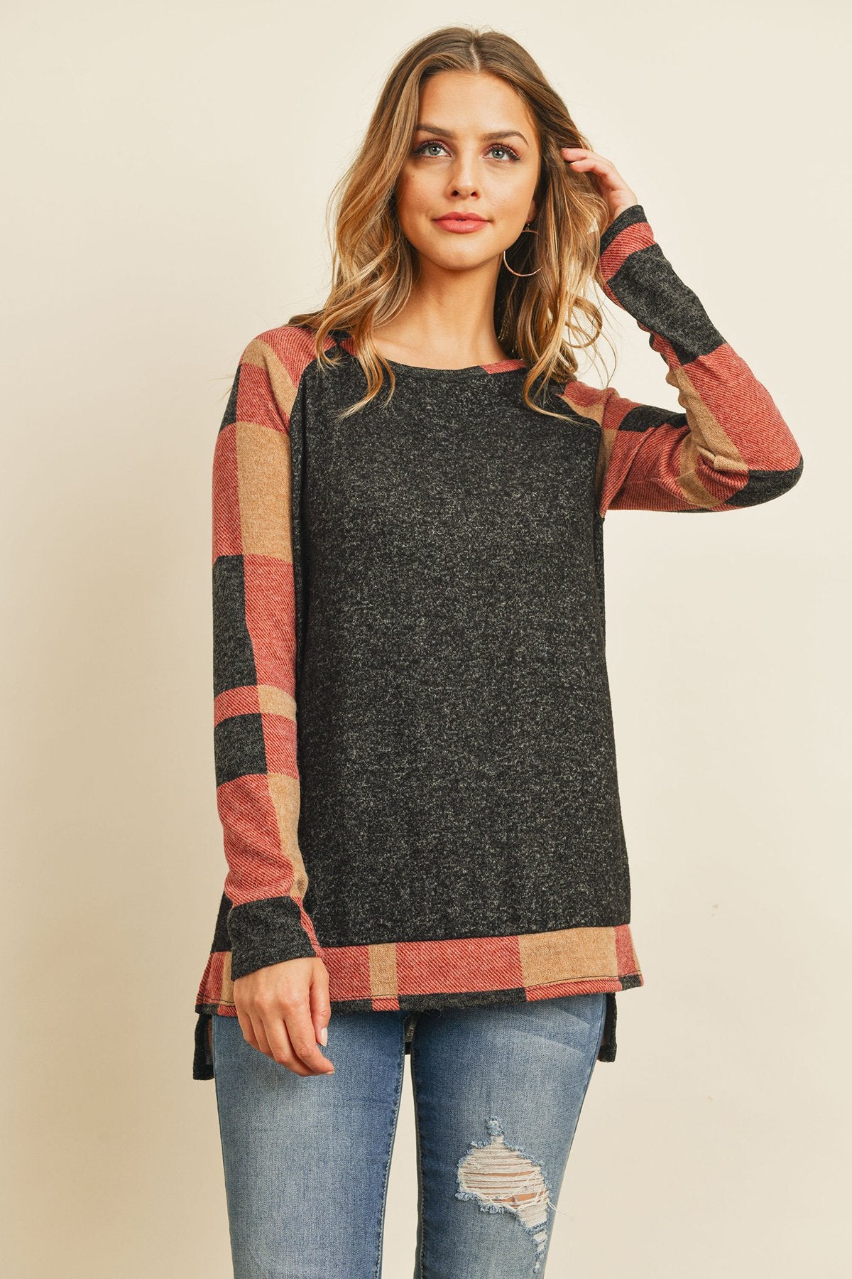 Plaid Contrast Long-Sleeve Tunic