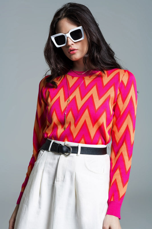 Fuchsia and Orange Zig Zag Knit Sweater