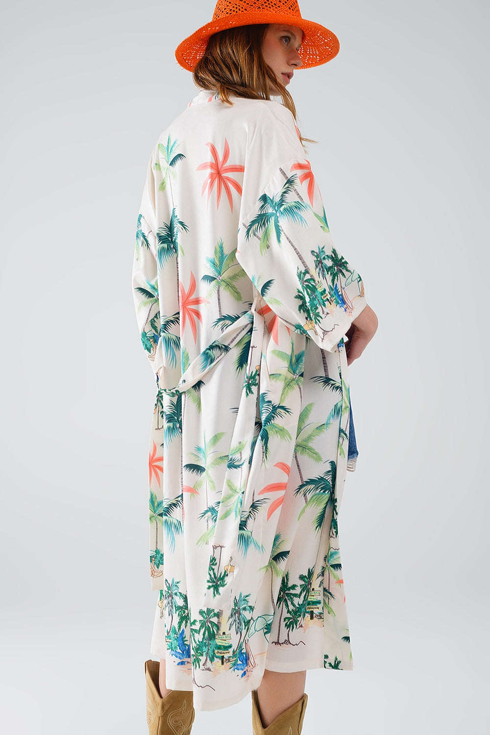 Beach Print Midi Kimono – Cream