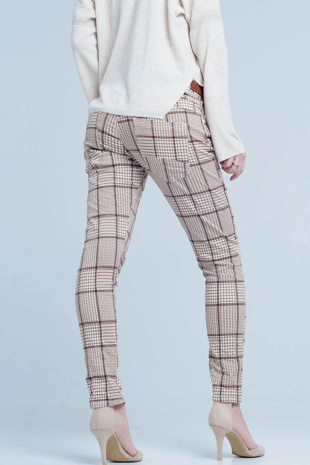 Beige Check Skinny Boyfriend Pants