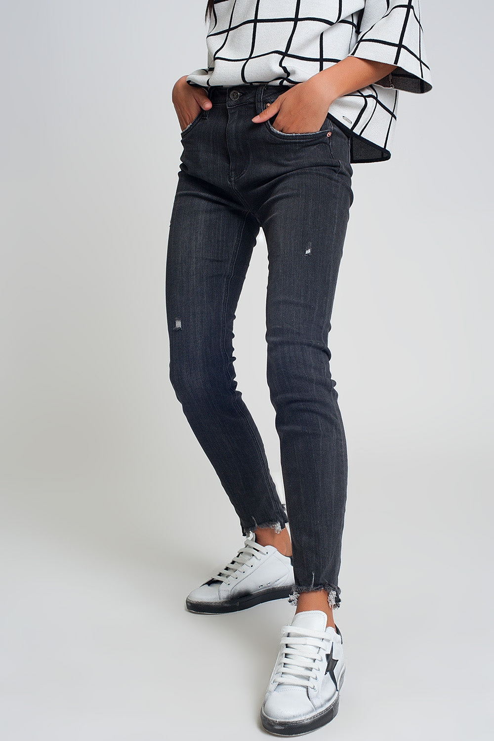 Black Mid Rise Skinny Jeans with Raw Hem