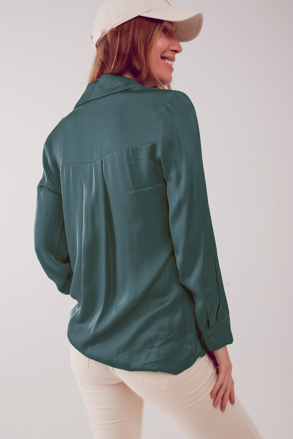 Sleek Emerald Satin Button-Up Shirt