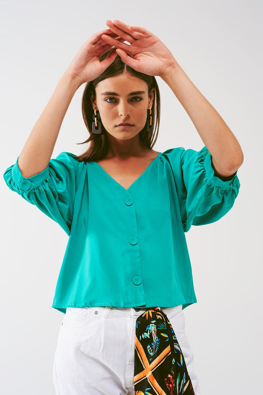 Green Cropped Button-Through Shirt