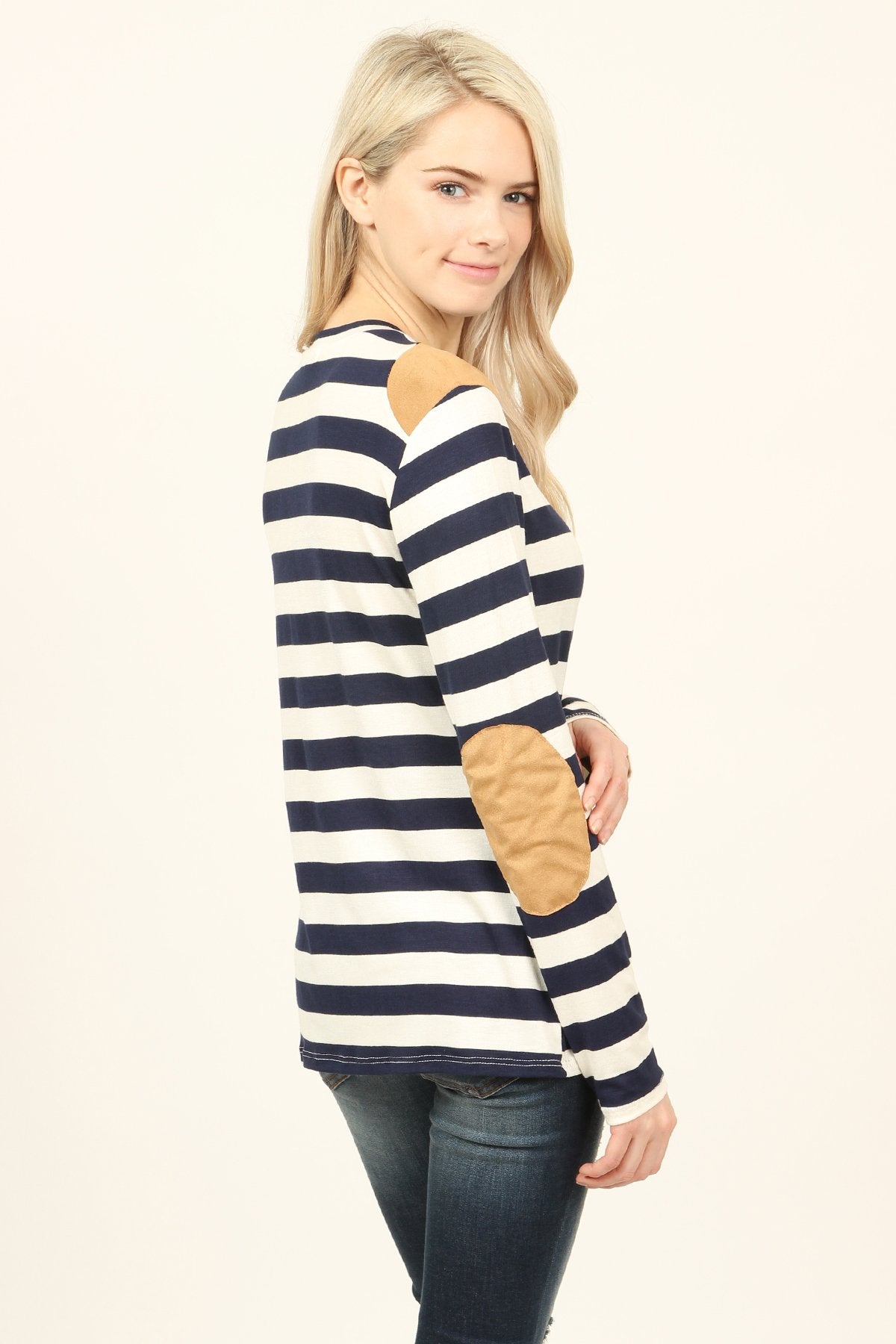 Striped Suede Patch Long Sleeve Top