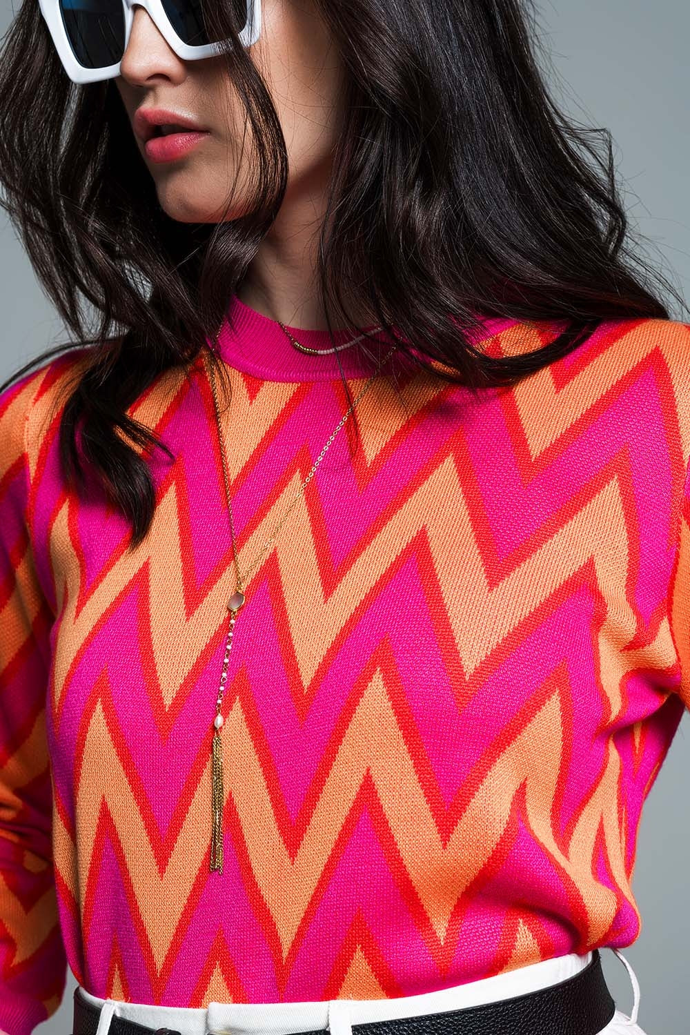 Fuchsia and Orange Zig Zag Knit Sweater