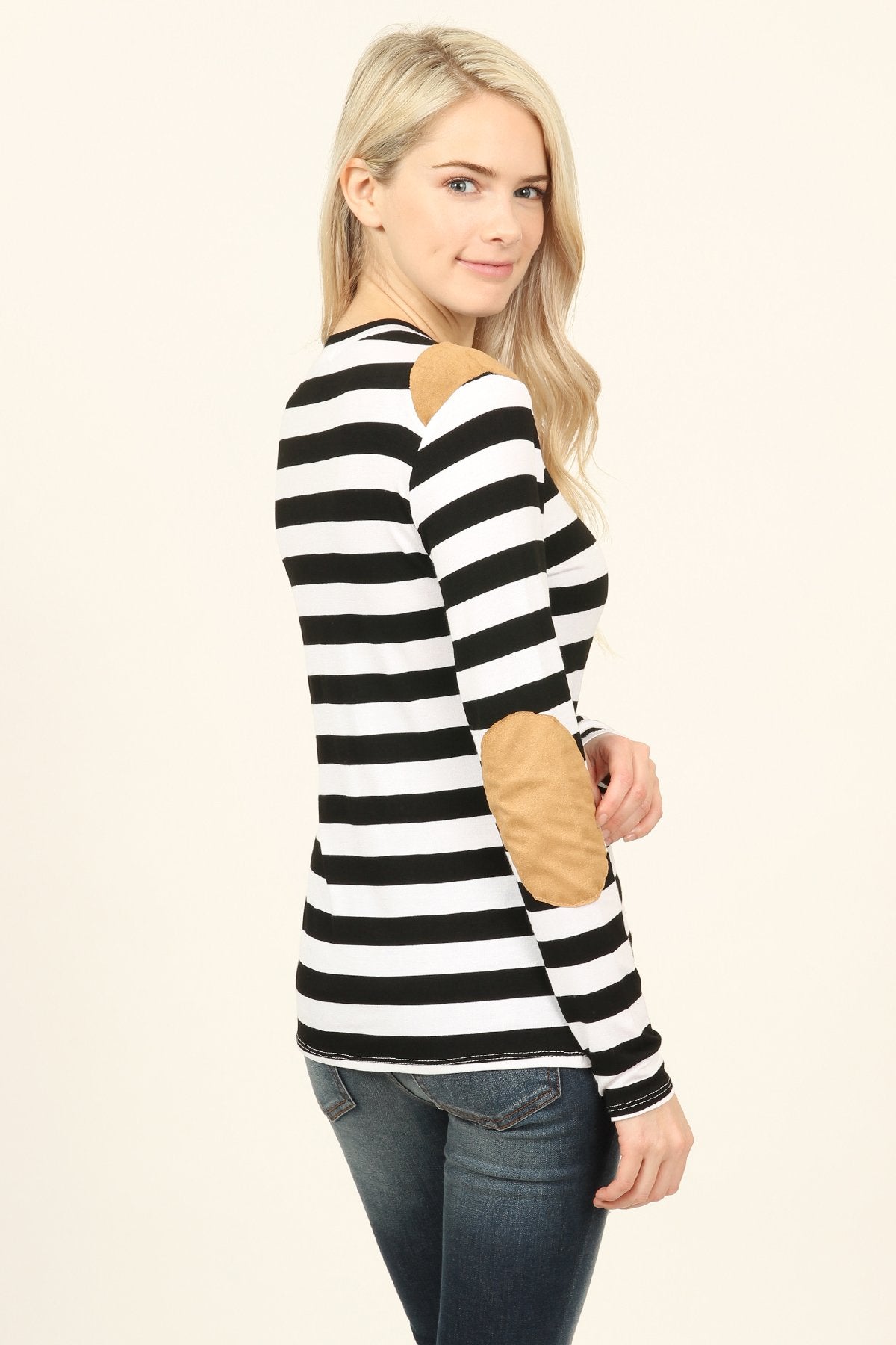 Striped Suede Patch Long Sleeve Top