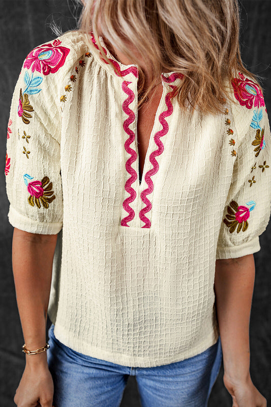 August Bloom Embroidered Blouse – Puff Sleeve Elegance