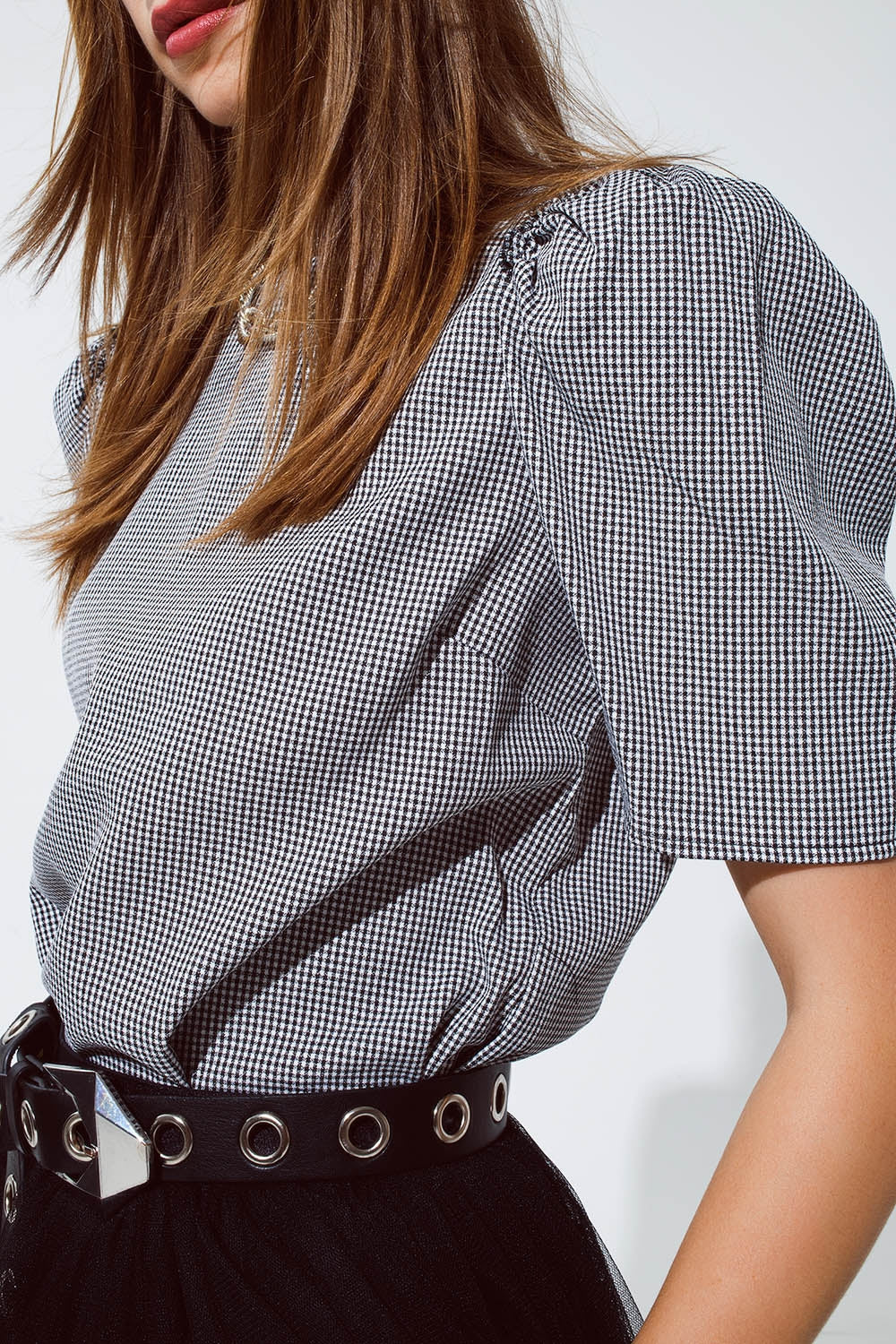 Black Gingham Puff Sleeve Top