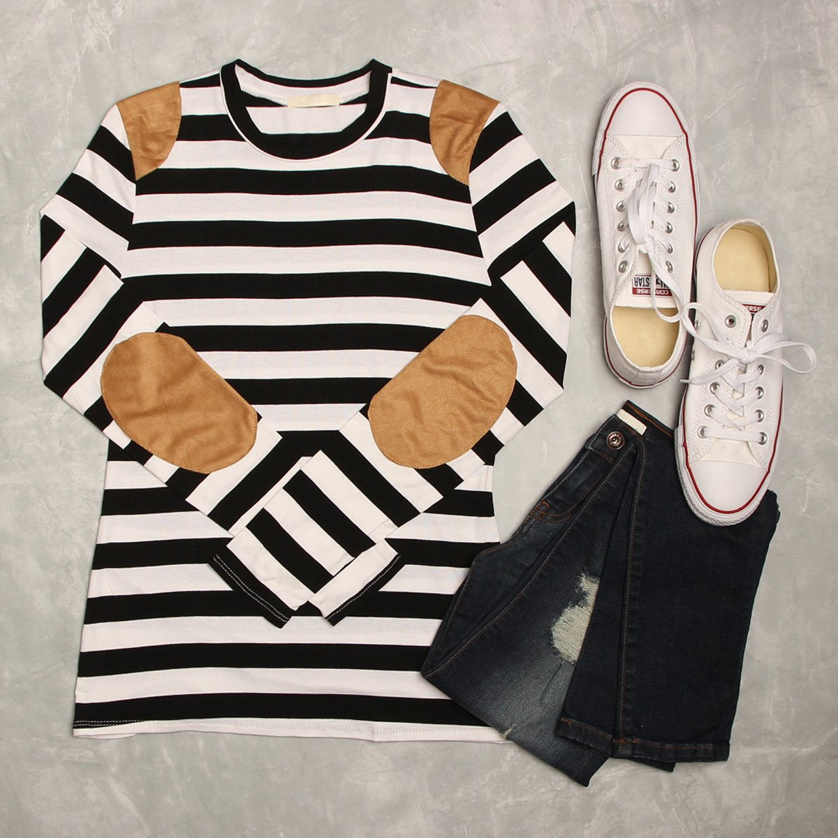 Striped Suede Patch Long Sleeve Top