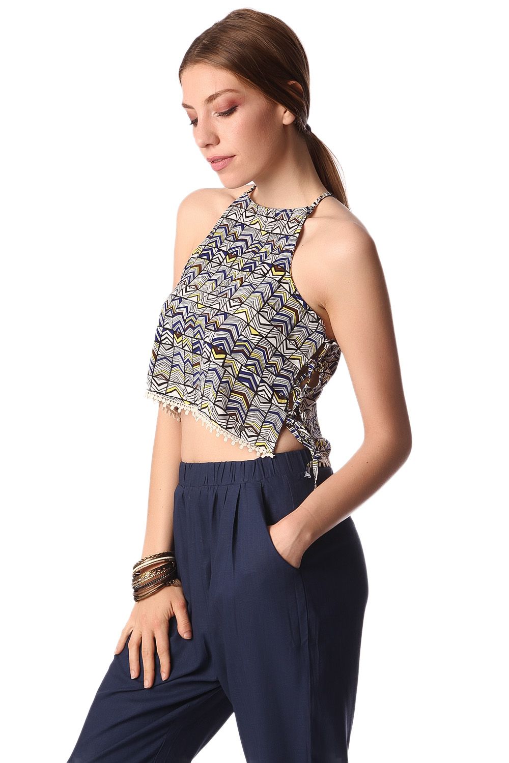 Blue Printed Crop Top with Lace-Up Sides