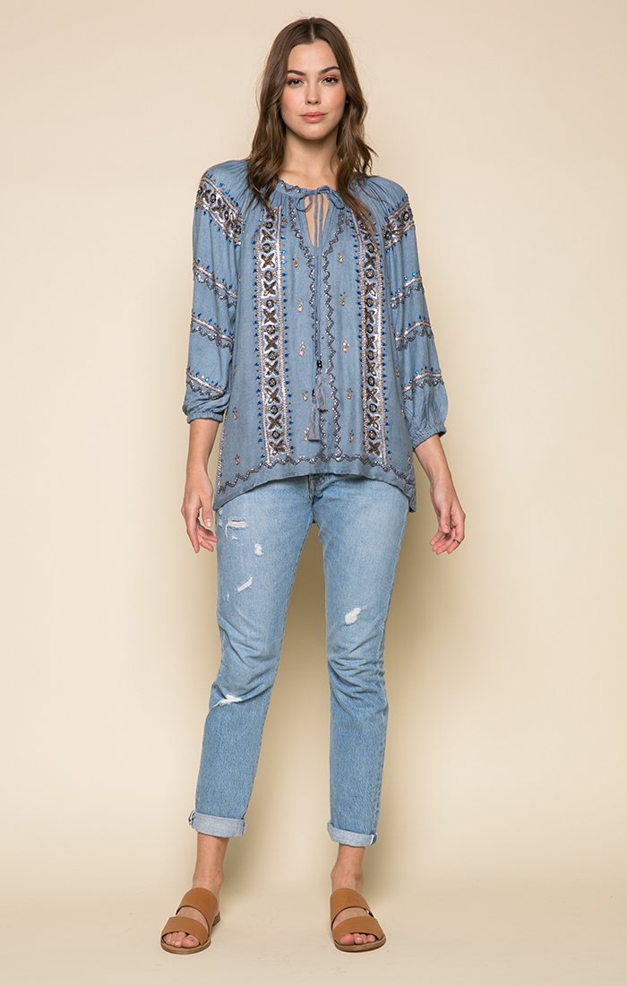 Bohemian Beaded Embroidered Peasant Blouse