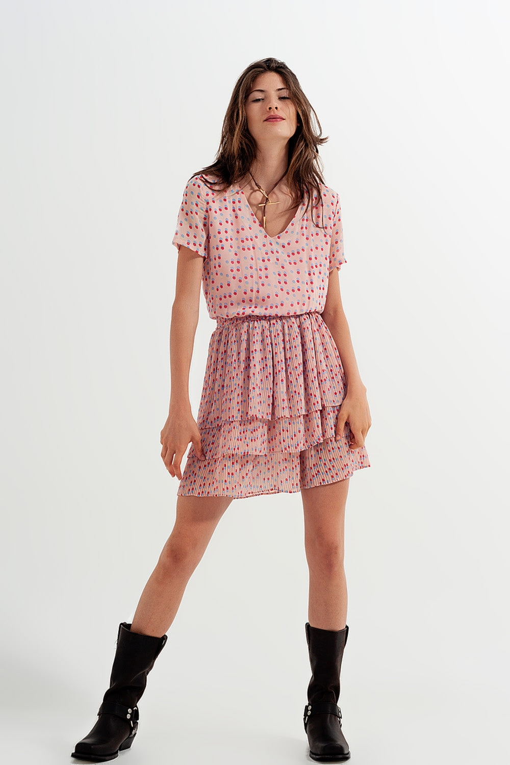 Pink Polka-Dot Shirred Mini Dress