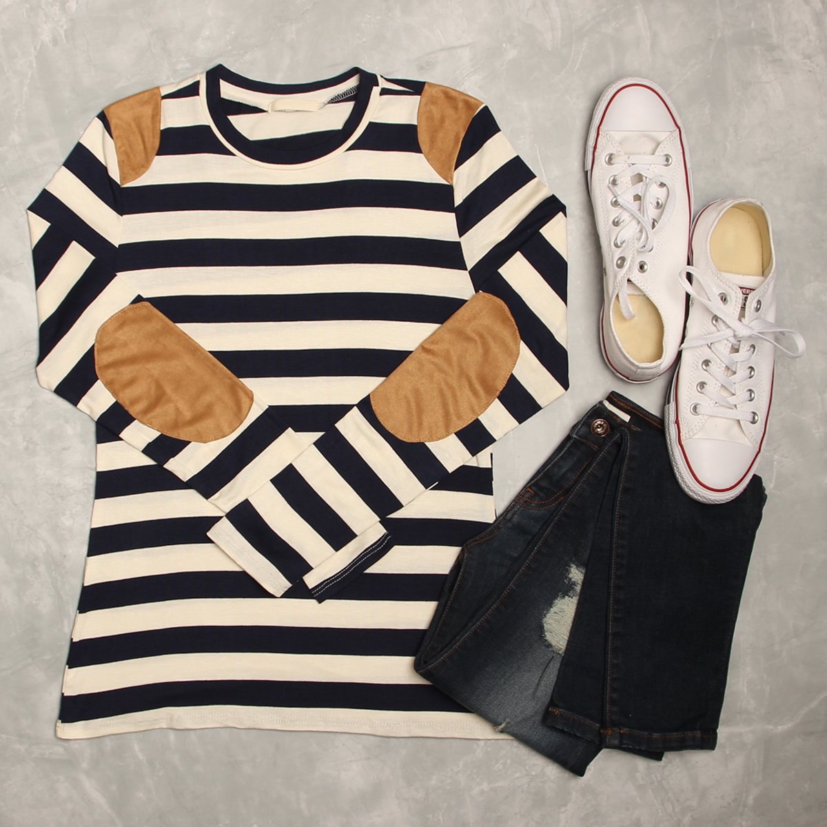 Striped Suede Patch Long Sleeve Top