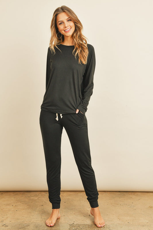 Solid Brushed Long Sleeve Top and Jogger Set