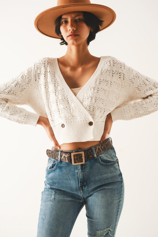 Pointelle Knit Wrap Cardigan – Cream