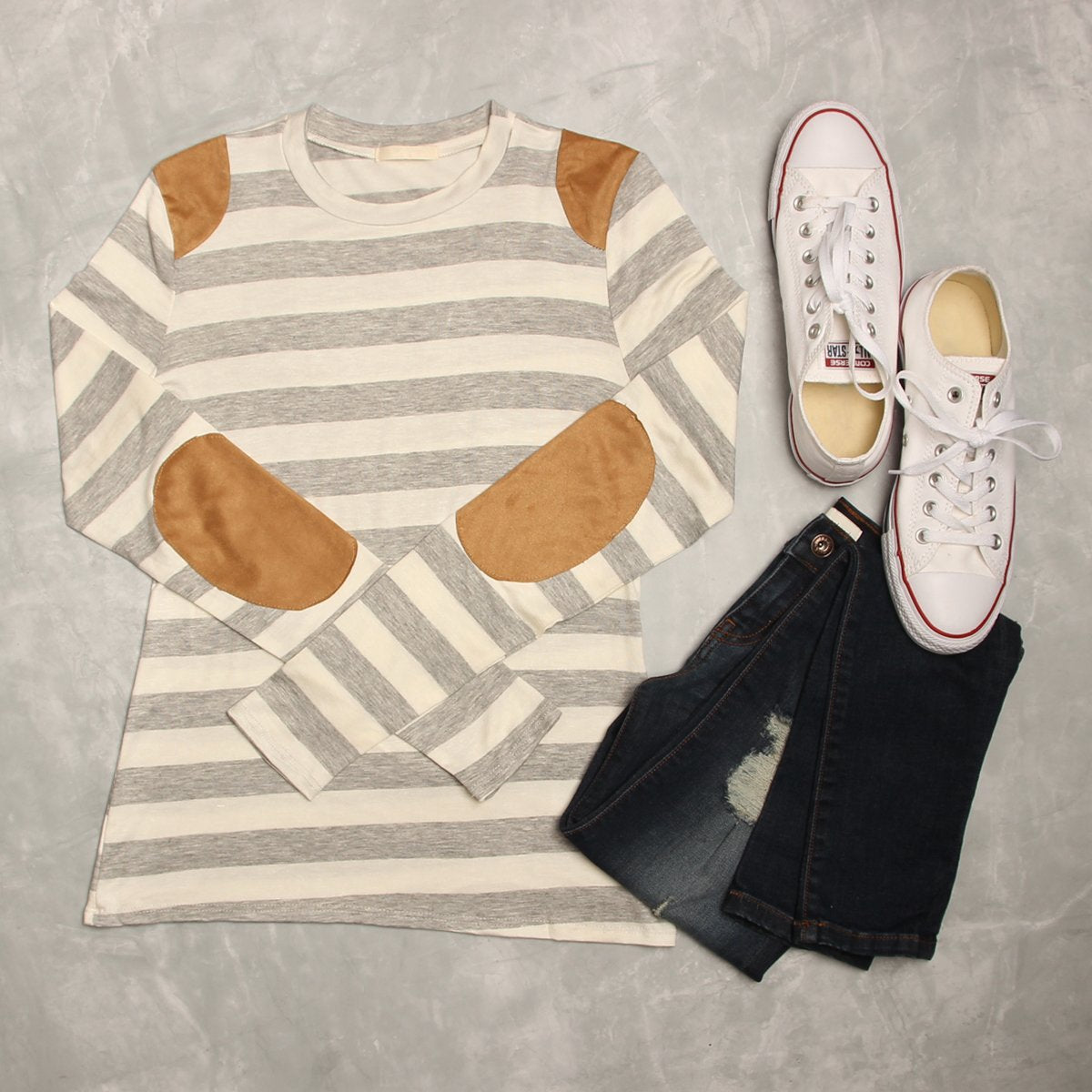 Striped Suede Patch Long Sleeve Top