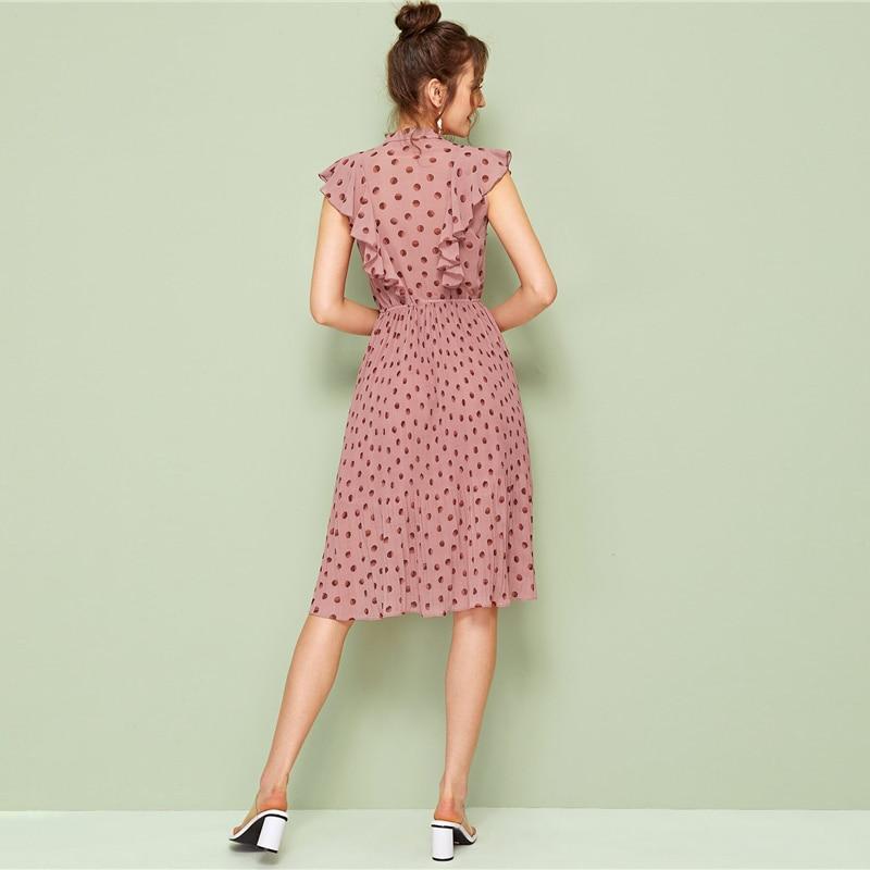 Pink Polka Dot Pleated Midi Dress