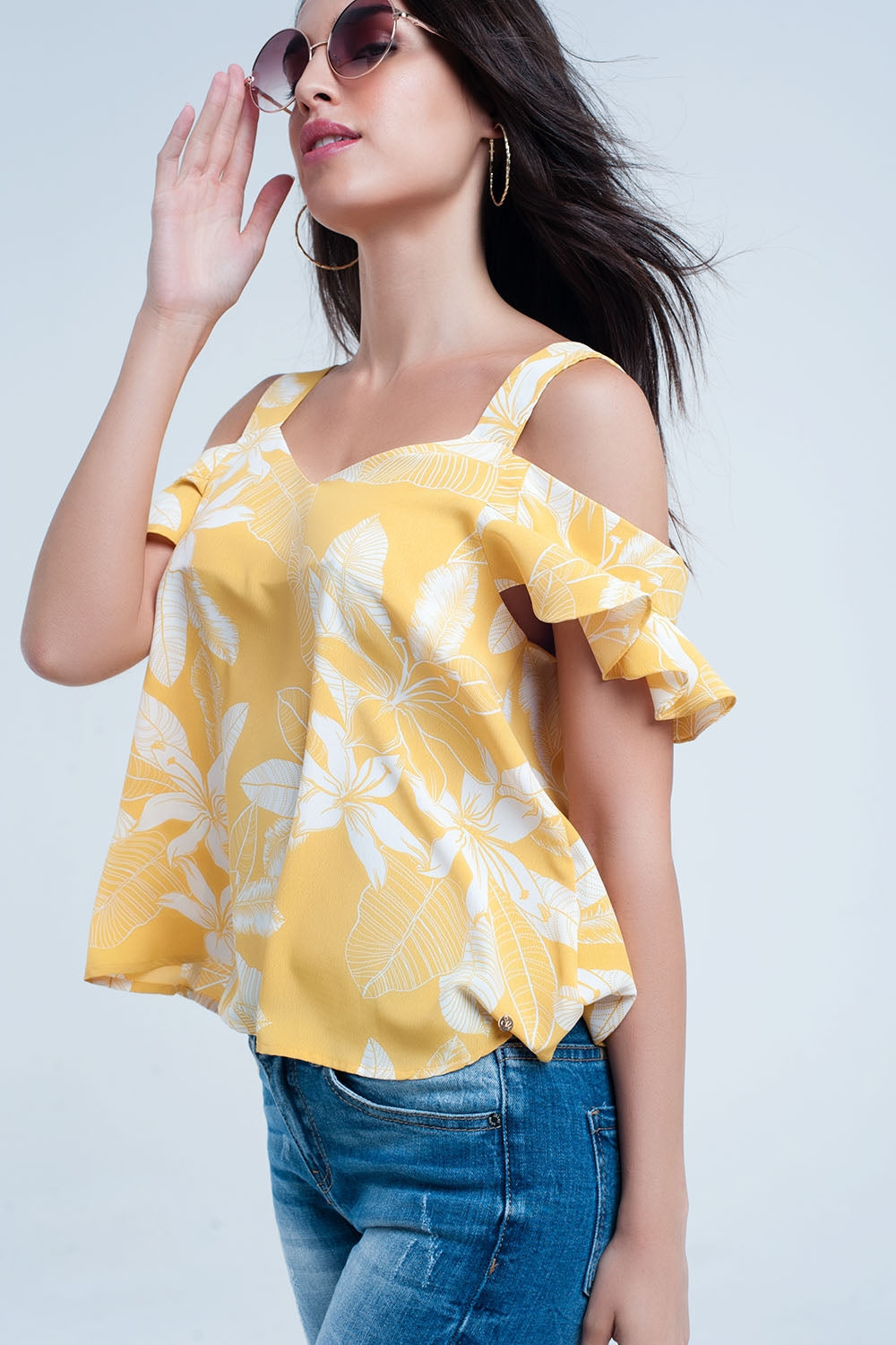 Yellow Floral Ruffle Strap Top