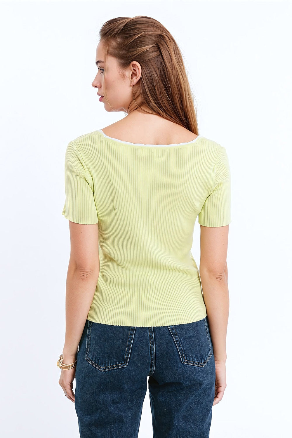 Lime Knitted Square Neck Short Sleeve Sweater