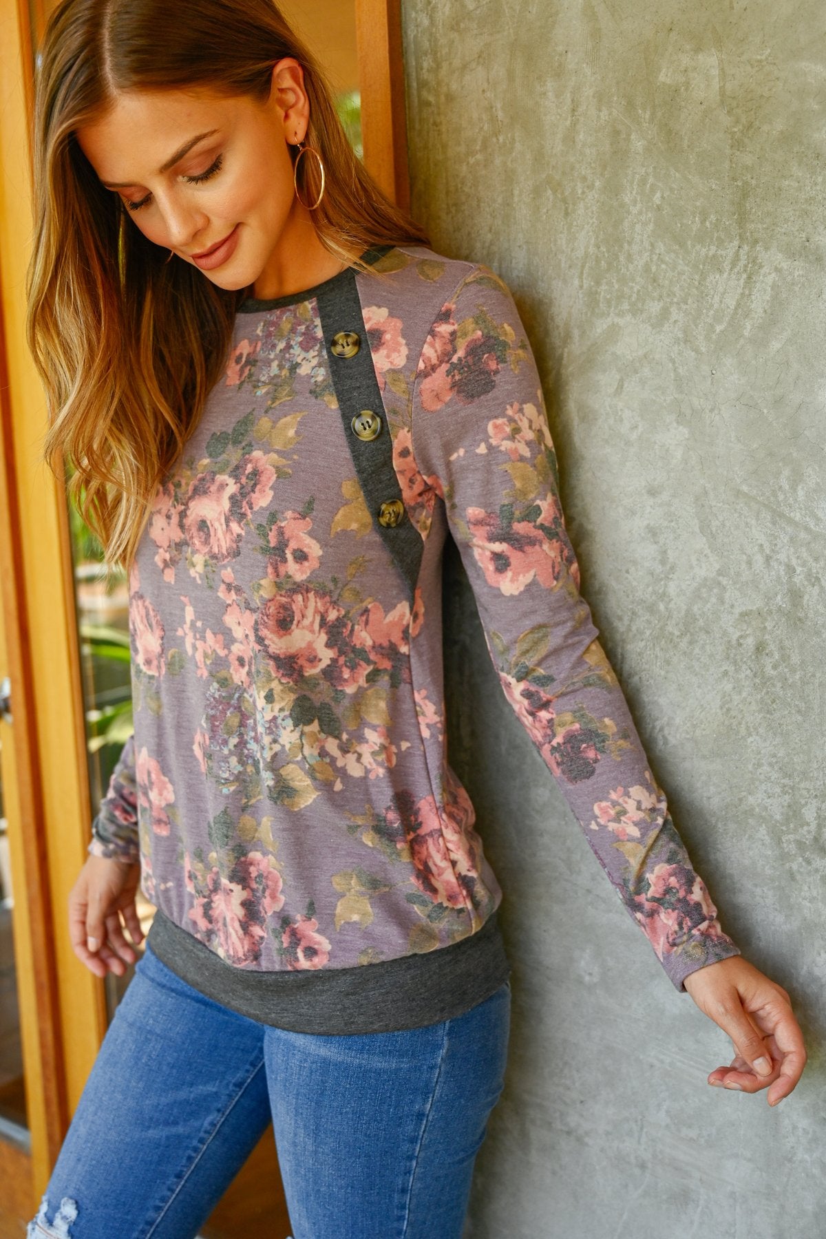 Button Detail Long-Sleeve Floral Print Top