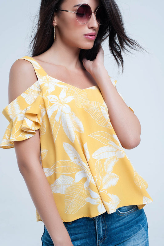 Yellow Floral Ruffle Strap Top