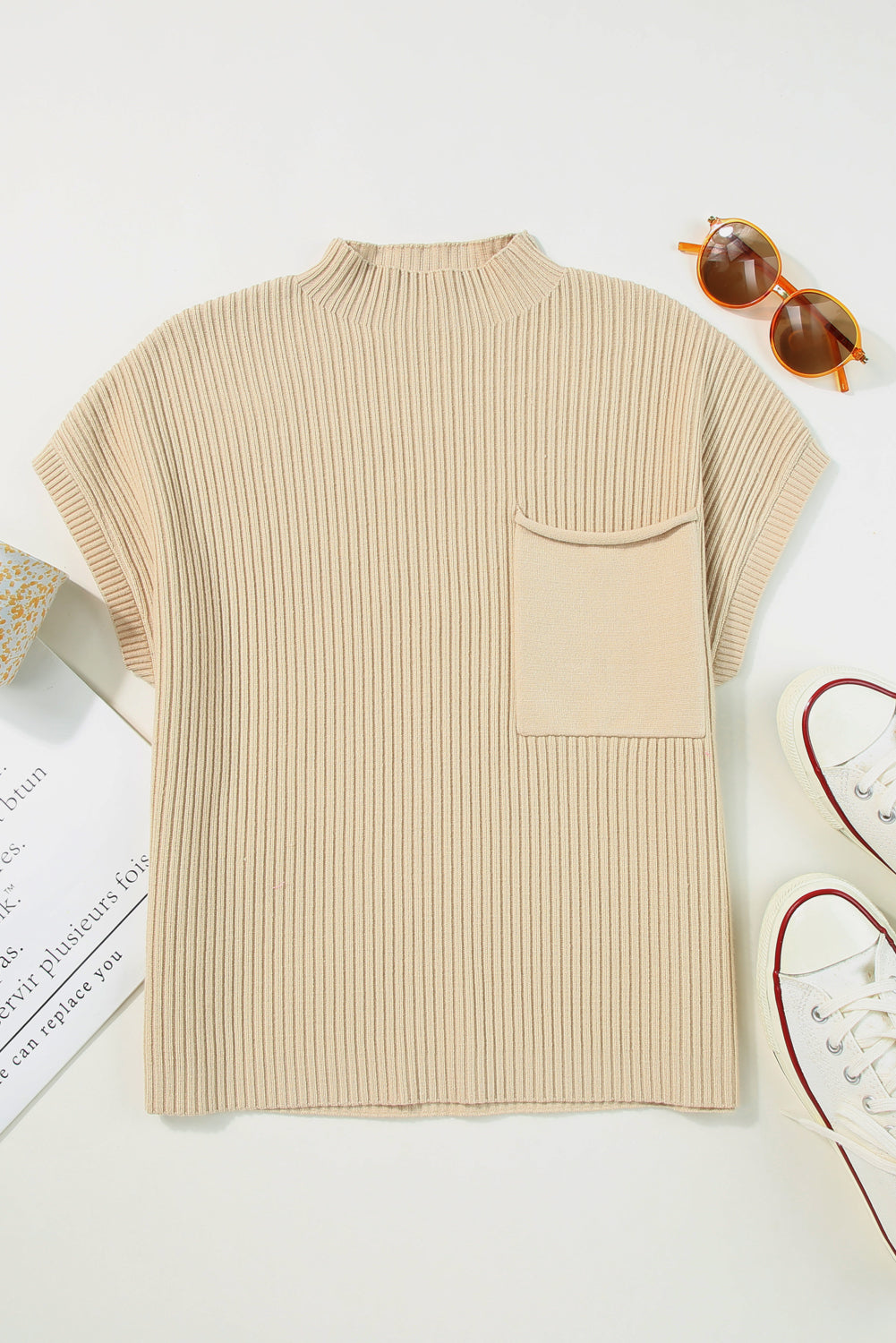 Ribbed Knit Short Sleeve Sweater with Patch Pocket