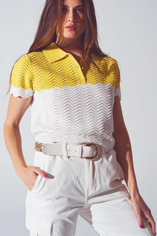 Yellow and White Color Block Knitted Cropped Polo