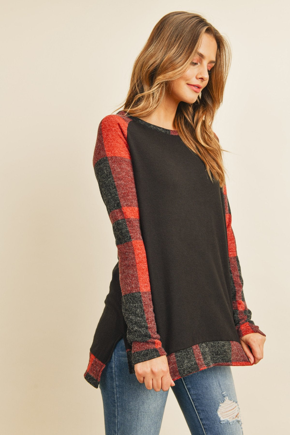 Plaid Contrast Long-Sleeve Tunic