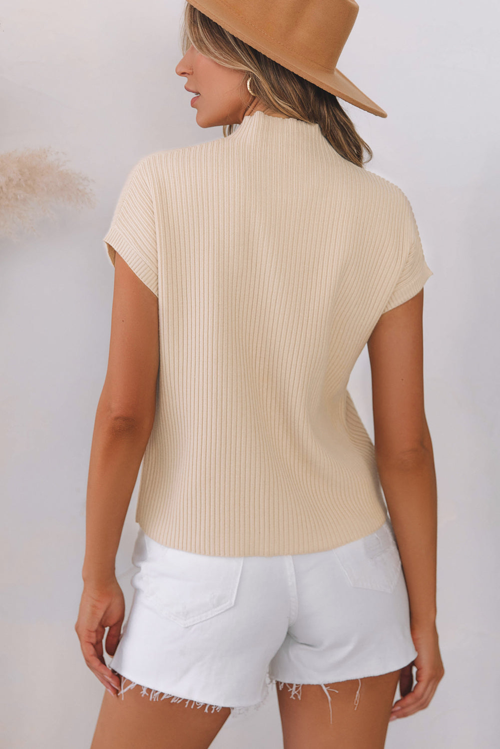 Ribbed Knit Short Sleeve Sweater with Patch Pocket