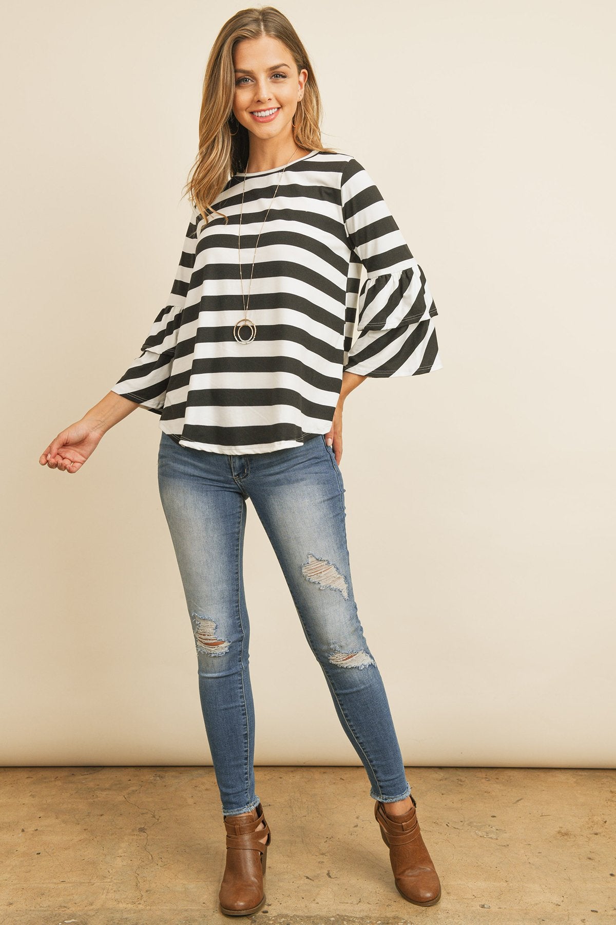 Stripes Ruffle Sleeve Tunic