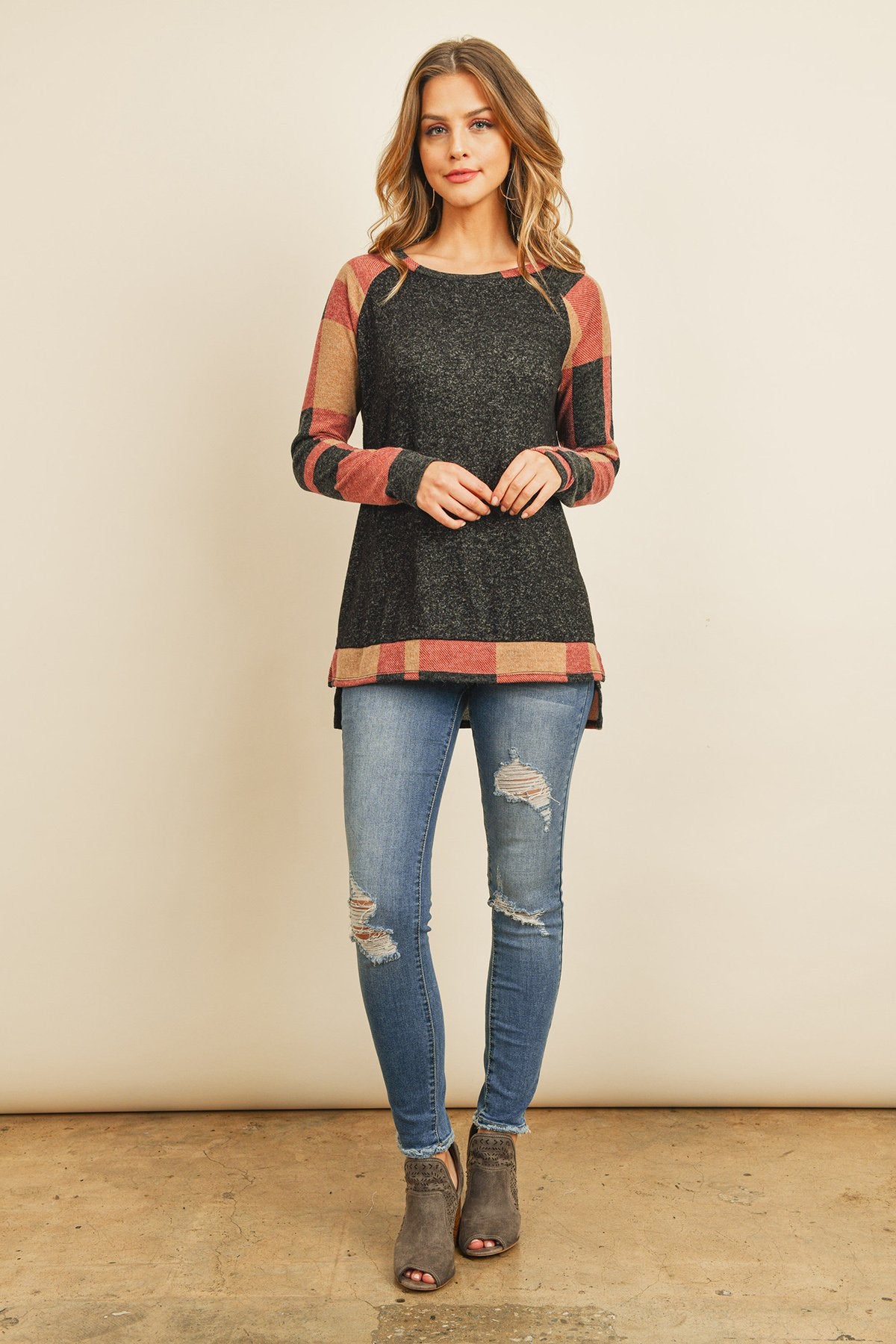 Plaid Contrast Long-Sleeve Tunic