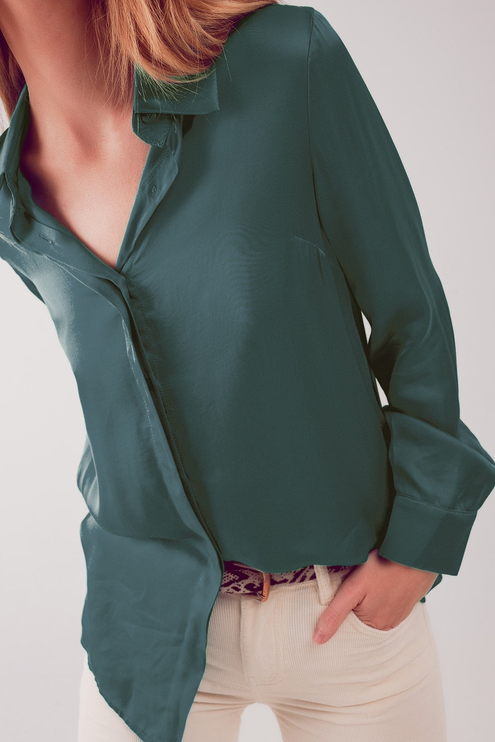 Sleek Emerald Satin Button-Up Shirt