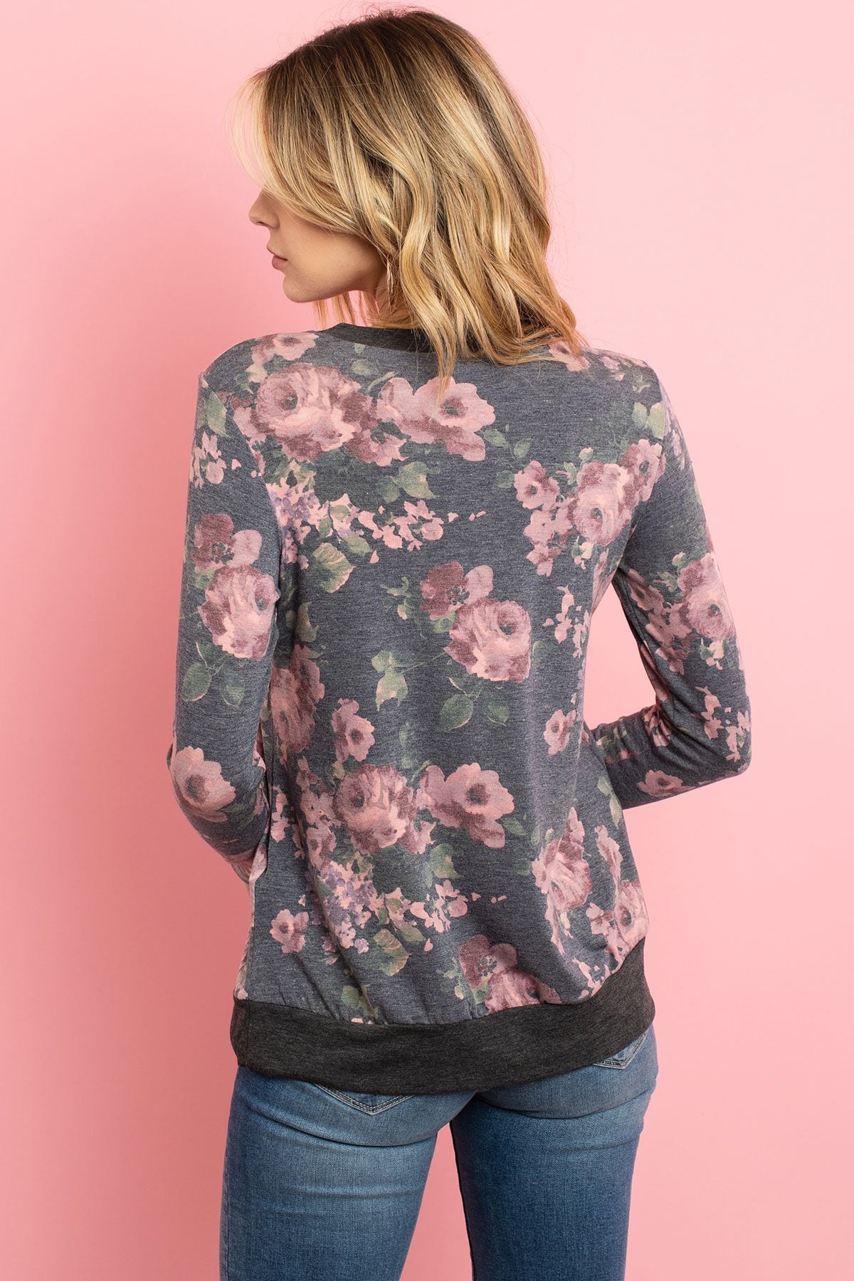 Button Detail Long-Sleeve Floral Print Top