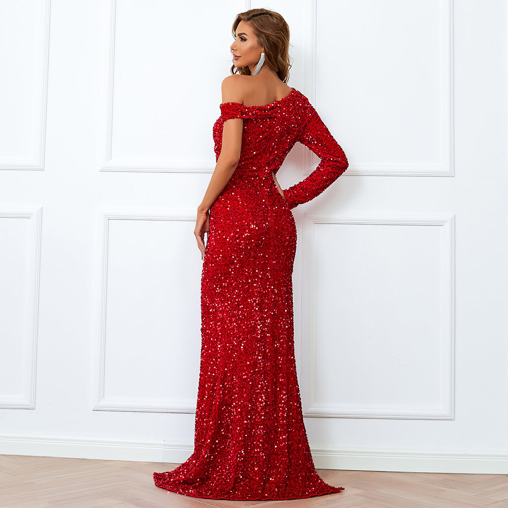 Fiona One-Shoulder Red Sequin Gown