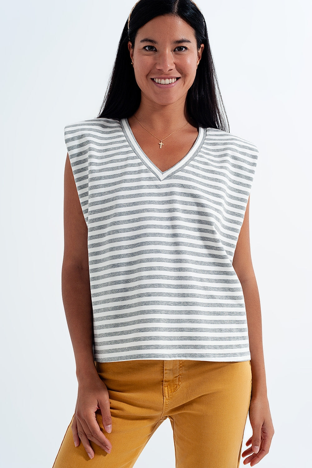 Sleeveless Striped V-Neck T-Shirt with Shoulder Pads