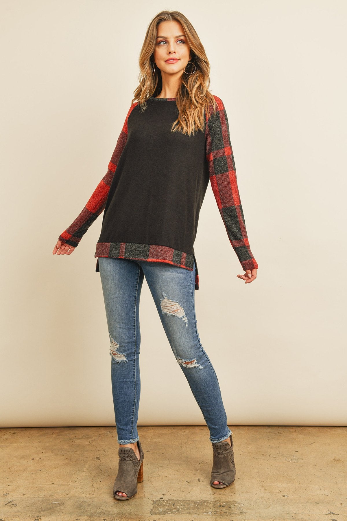 Plaid Contrast Long-Sleeve Tunic