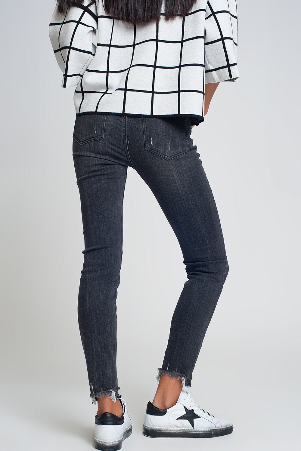 Black Mid Rise Skinny Jeans with Raw Hem