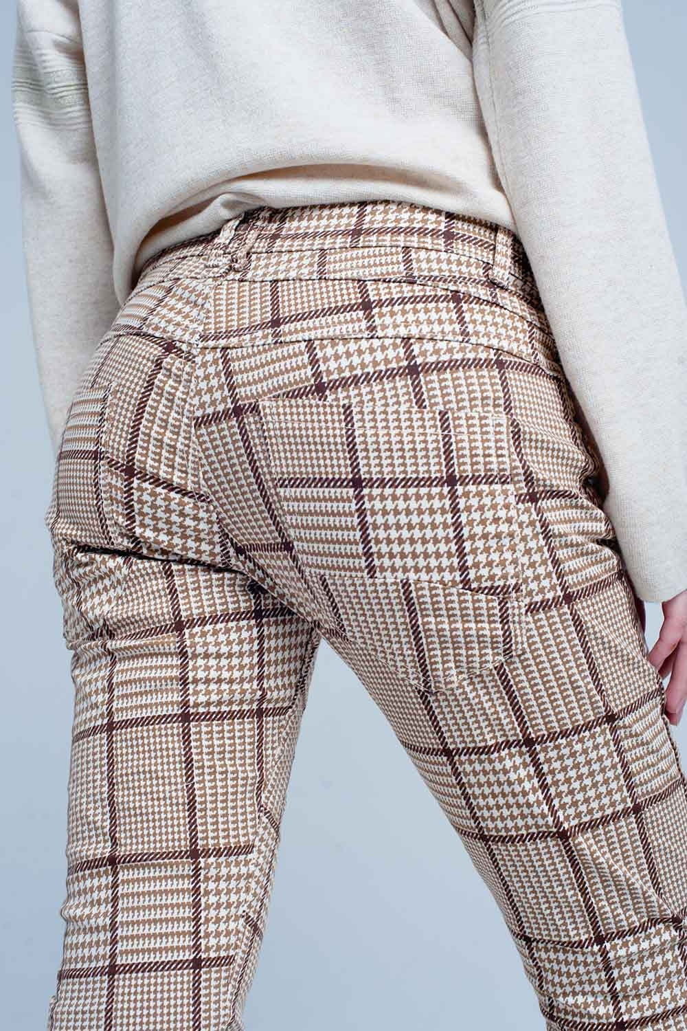 Beige Check Skinny Boyfriend Pants