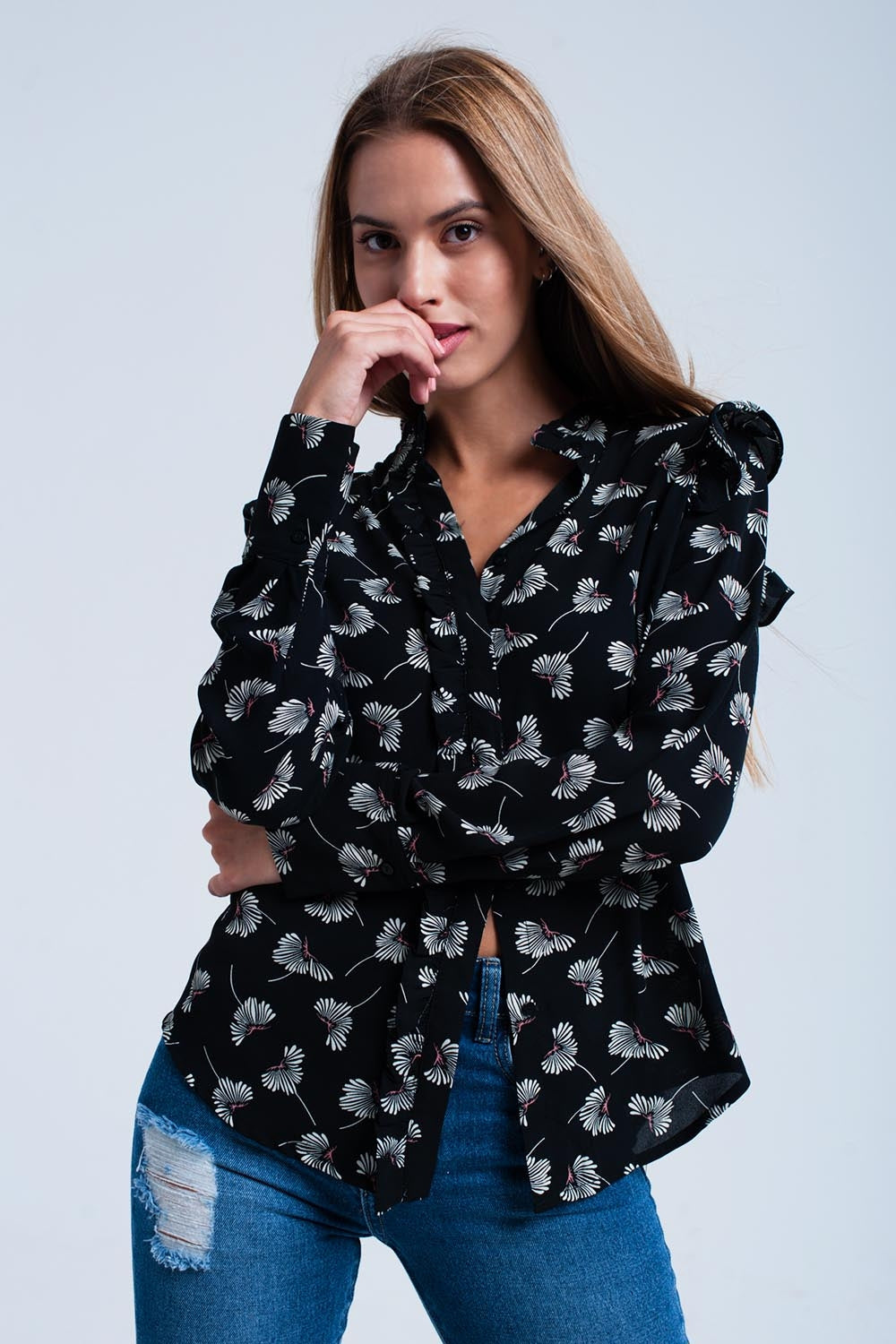 Black Floral Long Sleeve Shirt