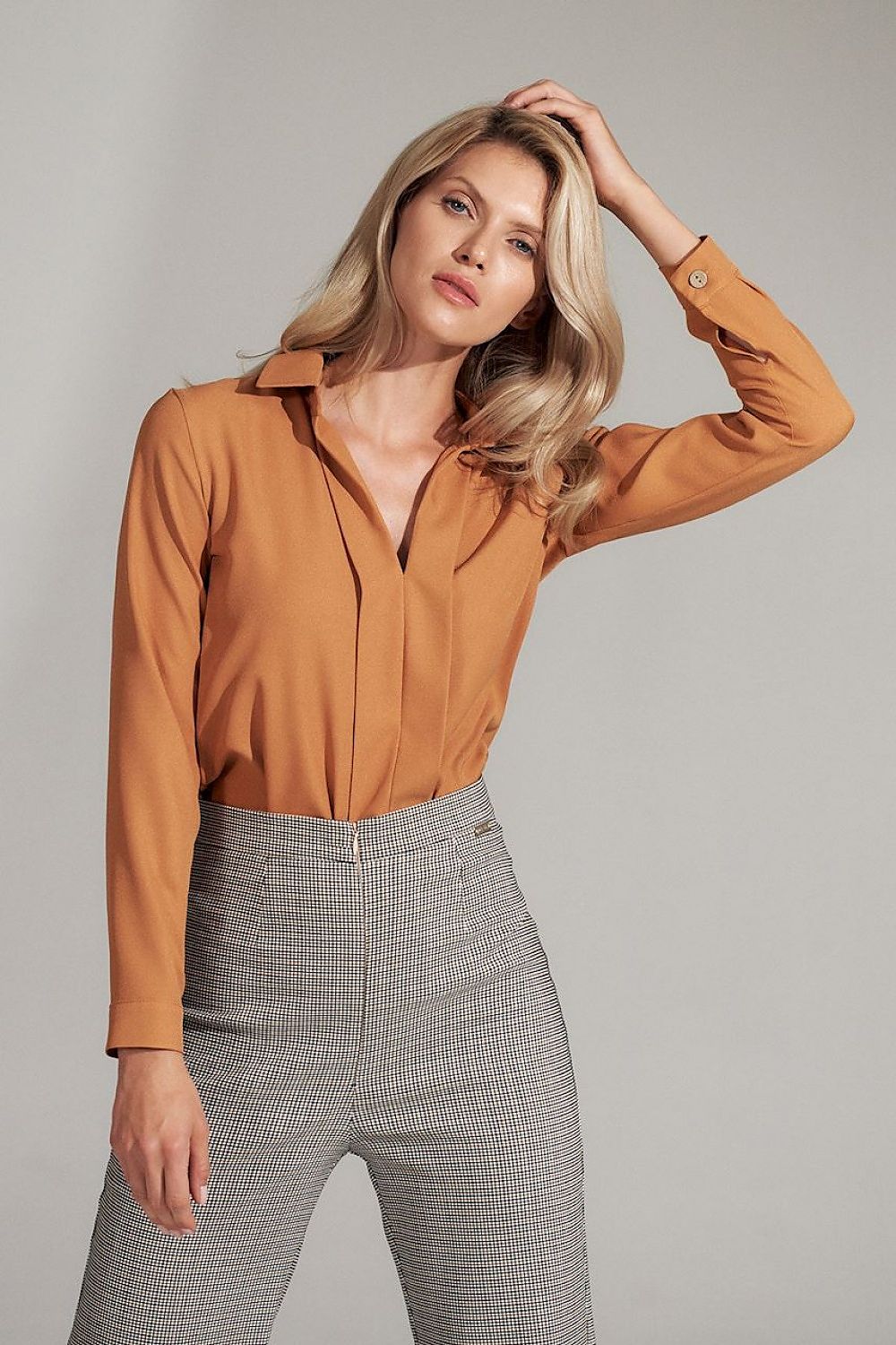 Brown Pleated Collar Blouse