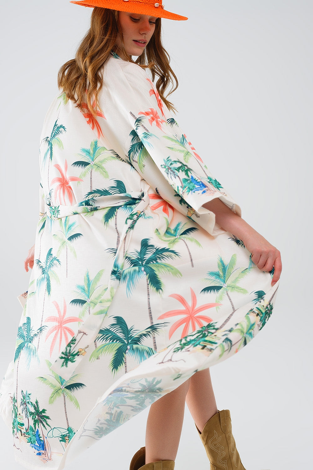 Beach Print Midi Kimono – Cream