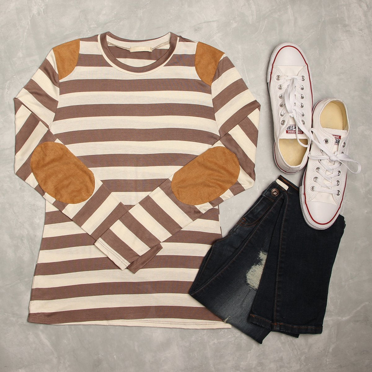 Striped Suede Patch Long Sleeve Top