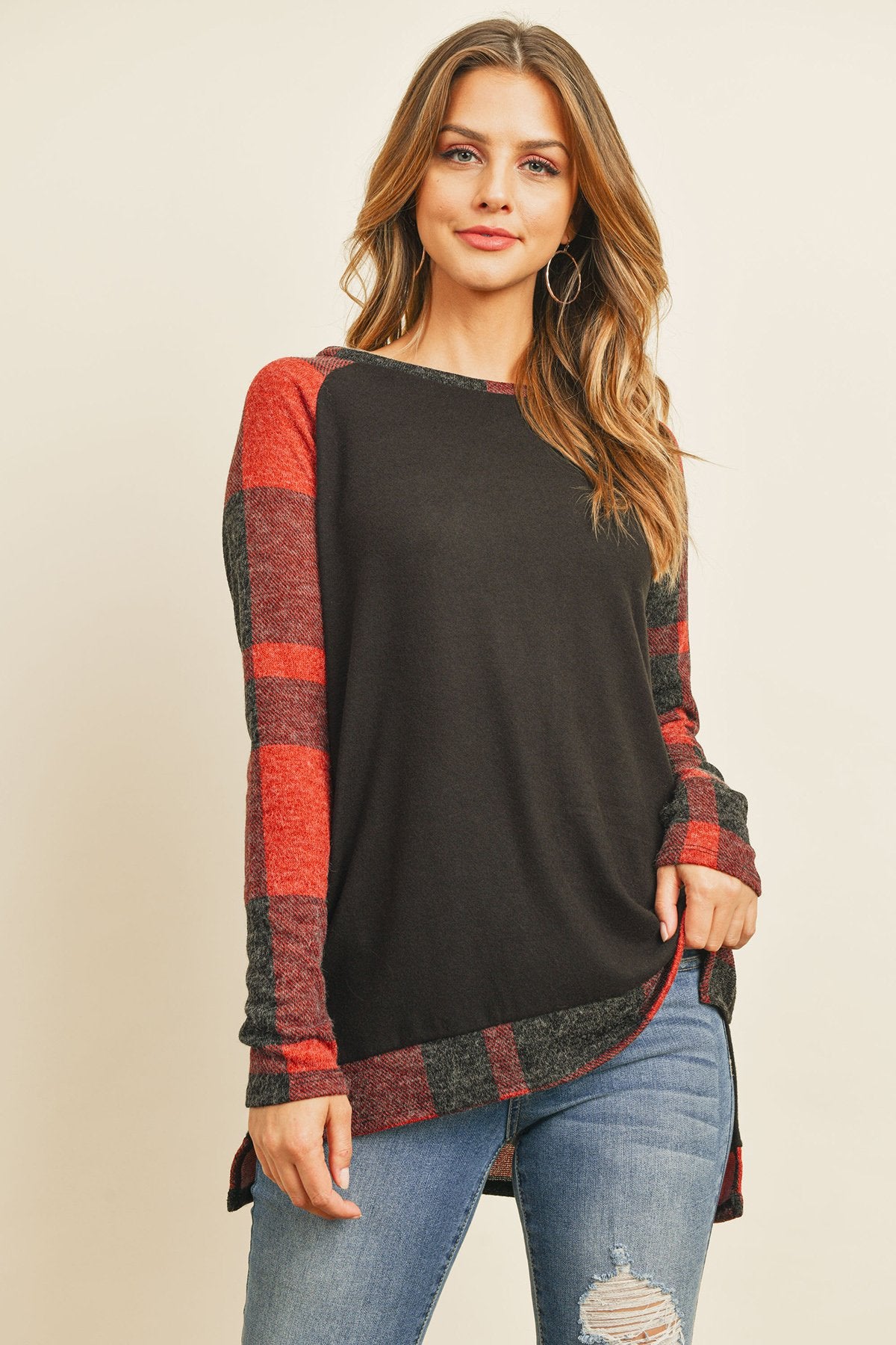 Plaid Contrast Long-Sleeve Tunic