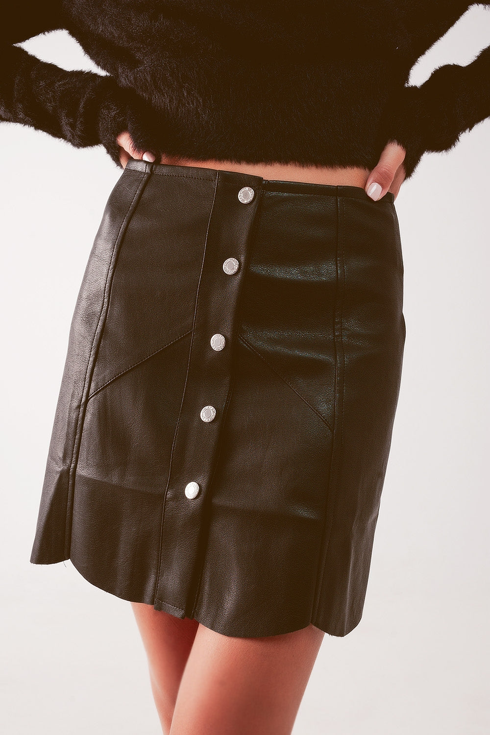 Black Faux Leather Button-Through Mini Skirt